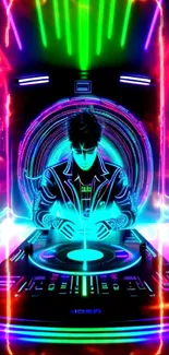 Neon-themed DJ in a futuristic club setting.