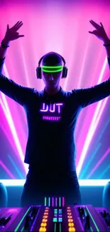 Neon DJ with vibrant lights in a dynamic music-themed wallpaper.