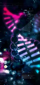 Futuristic neon DNA mobile wallpaper with blue and pink hues.