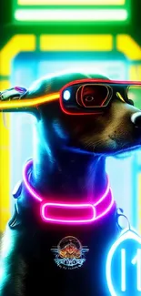 Techno dog in neon cityscape with vibrant colors.