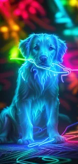 Neon blue dog in vibrant colorful lights, creating a dynamic mobile wallpaper.