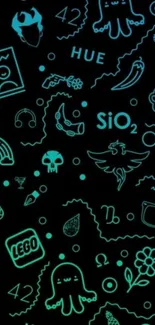 Neon doodle wallpaper with glowing symbols on black.