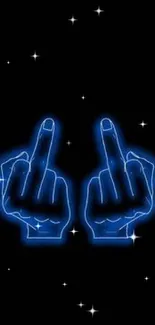 Neon blue hand gesture on a black background wallpaper.