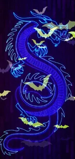 Neon dragon with glowing bats on a dark background.