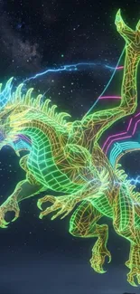 Neon dragon soaring in cosmic space with vibrant colors.