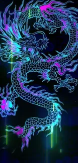 Vibrant neon dragon on a dark background with glowing colors.