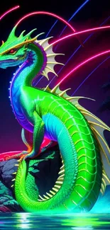 Vibrant neon dragon with colorful design on a mobile wallpaper.