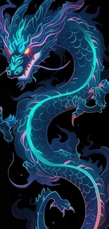 Vibrant neon dragon on black background glowing in blue hues.