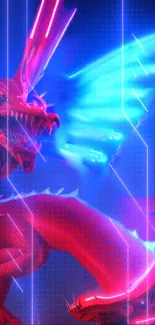 Neon dragon with blue and red glow on a futuristic mobile wallpaper.