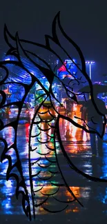 Neon-lit street with dragon overlay art.