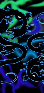 Electric blue dragons on a dark background with neon green highlights.