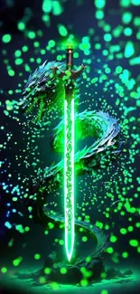 Neon green dragon coiled around a glowing sword with sparkles.