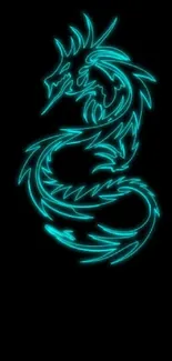 Blue neon dragon on black background wallpaper.