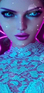 Vibrant neon portrait digital art wallpaper with intricate lace patterns.