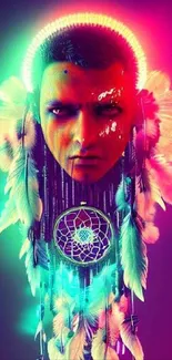 Vivid neon dreamcatcher with mystical face and feathers.