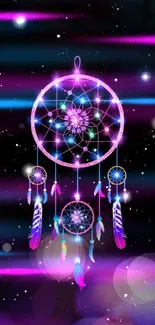 Neon dreamcatcher against a starry galaxy background.