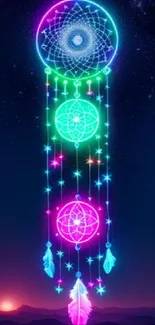 Neon dreamcatcher under a starry night sky with vibrant colors.