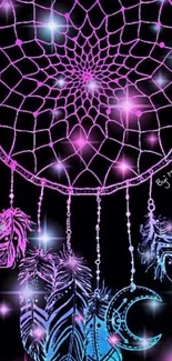 Neon dreamcatcher with purple and blue feathers on black background.