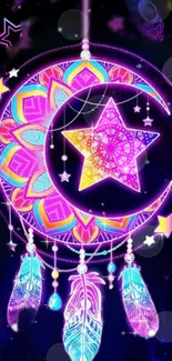 Neon dreamcatcher with vibrant colors and star motif on mobile wallpaper.