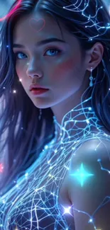 Futuristic girl with neon accents and glowing attire in a dreamlike setting.