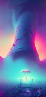 Neon surreal landscape with luminescent colors and dreamlike ambiance.