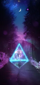 Glowing neon triangle in cosmic purple forest scene for mobile wallpaper.