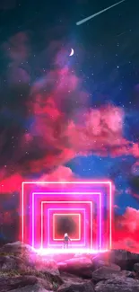 Neon frames and cosmic sky wallpaper with vibrant pink hues.