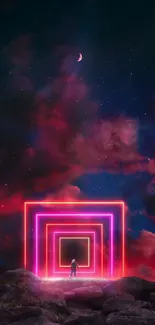 Neon geometric portal under a starry sky with vivid colors.