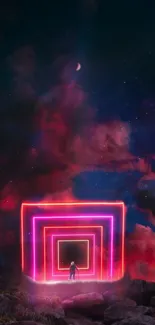 Surreal neon dreamscape with glowing cubes against a celestial night sky.