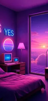 Neon dreamscape with a retro bedroom and sunset view.