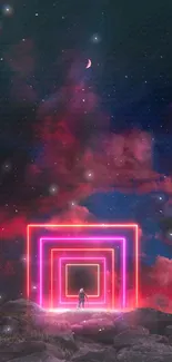 A surreal neon pathway with a cosmic sky backdrop on a mobile wallpaper.