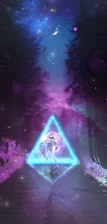 Futuristic astronaut glowing neon in mystical forest under galaxy sky.