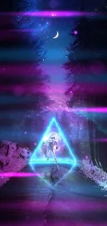 Futuristic neon forest scene with glowing triangle and vibrant colors.