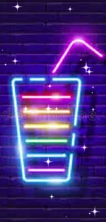 Neon drink sign glows on dark brick wall mobile wallpaper.