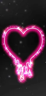 Neon pink heart with dripping effect on black background.