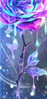 Purple and blue neon rose with dripping effects and cosmic sparkle design.