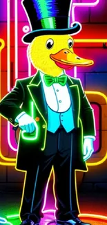 Neon duck in tuxedo with colorful neon lights background.