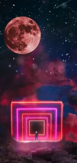 Surreal cosmic wallpaper with neon portal and pink moon under a starry sky.