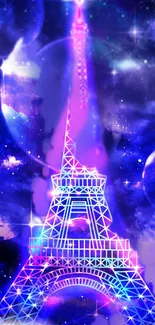 Neon Eiffel Tower against a cosmic fantasy background.