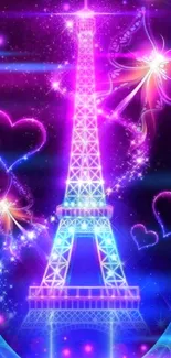 Neon Eiffel Tower with glowing hearts and butterflies in a vibrant color scheme.