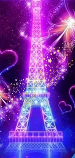 Neon Eiffel Tower with purple stars and hearts on a vibrant background.