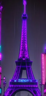 Neon Eiffel Tower in vibrant purple hues.