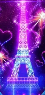 Neon Eiffel Tower with colorful hearts and vibrant lights.