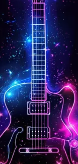Neon electric guitar with cosmic theme in vibrant colors.