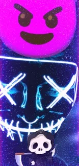 Vibrant neon skull and emoji on dark cosmic wallpaper.