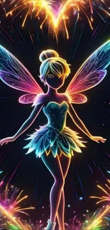 Neon fairy with colorful wings and fireworks background.