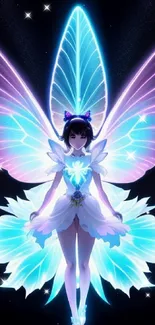 Neon fairy with glowing wings on dark background wallpaper.