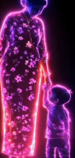 Neon artwork featuring a family moment with vibrant outlines and glowing colors.