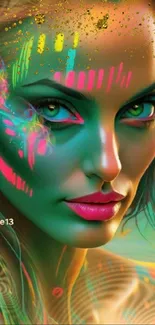 Neon fantasy face with vibrant colors and artistic designs for mobile wallpaper.