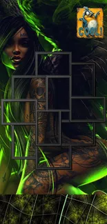 Fantasy artwork of a tattooed woman with neon green accents.